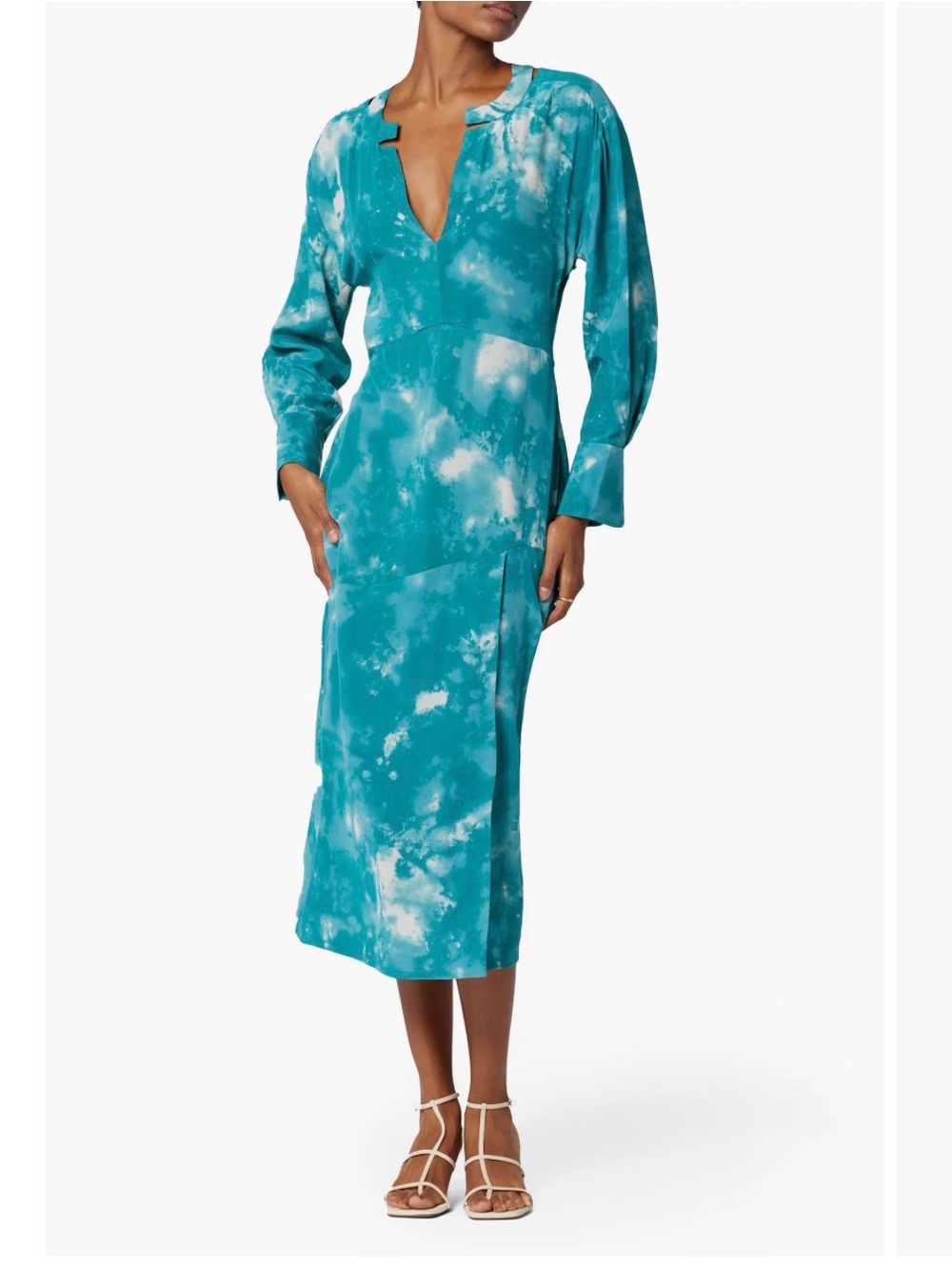 Equipment Teal and White Tie-Dye Midi Dress